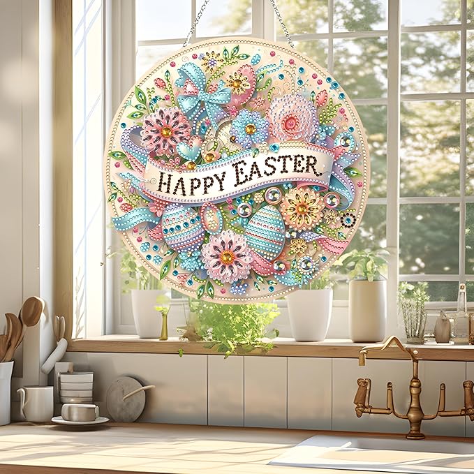 JJFox Diamond Art Hanging Kit for Adult,Special Shaped Rhinestone,Double Sided DIY Acrylic 5D Diamond Art Painting Window Pendants Home Garden Wall Hanging Kits Hanging Ornament (Happy Easter)