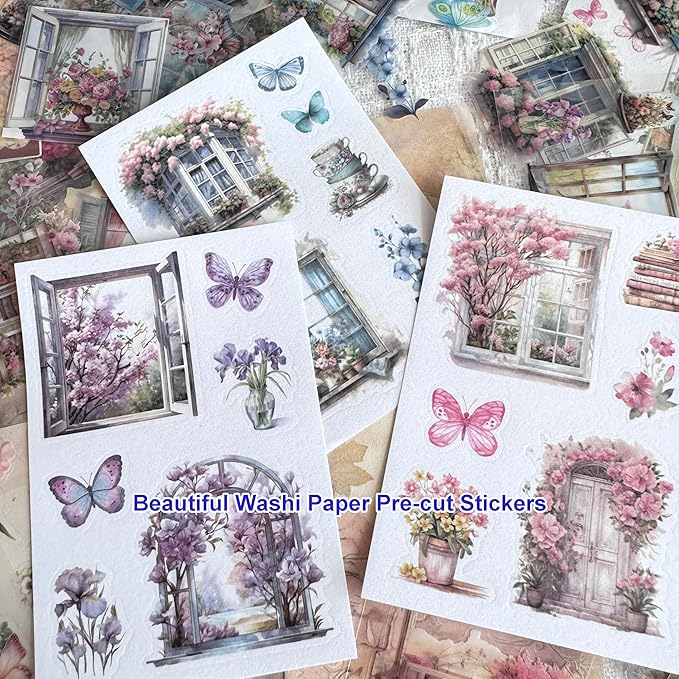 64 Sheets Vintage Floral Scrapbooking Kit, Precut Floral Natural Garden Flowers Butterfly Transparent PET and Washi Stickers with Scrap book Paper for Scrapbook Supplies Junk Journals Craft (Flower)