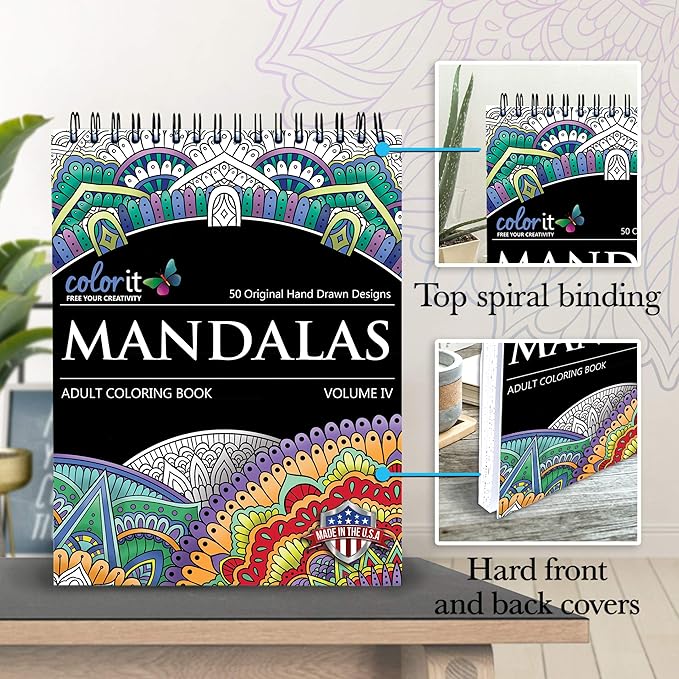 ColorIt Mandalas Volume IV Spiral Bound Adult Coloring Book with 50 Mandala Patterns for Relaxation and Stress Relief - Includes Perforated Pages, Thick Paper, Hardback Covers, and Blotter Page