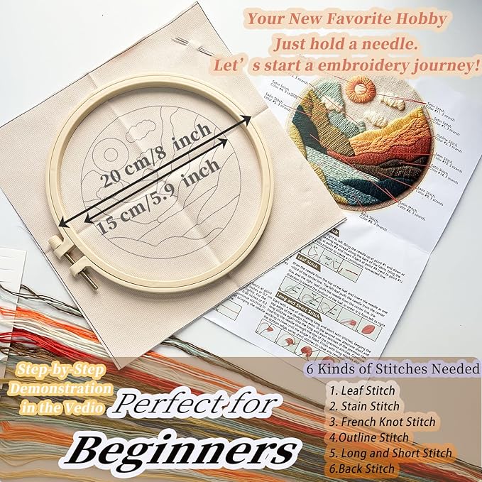 FONNUY Embroidery Kit for Beginners, Textured Vibrant Nature Landscape Pre-Stamped Pattern Kits for Adults with Hoop, Easy to Follow Color Thread Needlework, 8'' Hoop (Green 1)