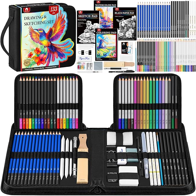 133 PCS Art Supplies Sketching Kit, Pro Drawing Pencils with Sketchbook, Coloring Book, Watercolor Pad, Black Paper Pad, Colored Graphite Charcoal Watercolor & Metallic Pencils for Artists Adults