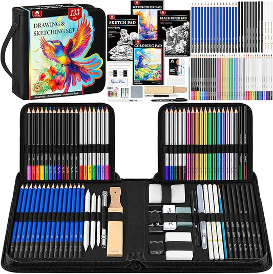 133 PCS Art Supplies Sketching Kit, Pro Drawing Pencils with Sketchbook, Coloring Book, Watercolor Pad, Black Paper Pad, Colored Graphite Charcoal Watercolor & Metallic Pencils for Artists Adults