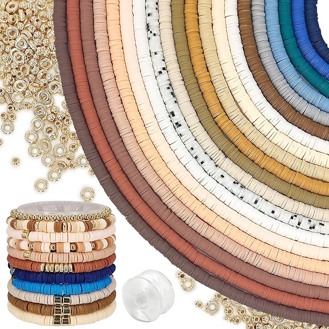 MIIIM 8000 PCS 20 Colors Neutral Clay Beads Strands, Polymer Clay Beads Kit for Bracelets Making, Vinyl Heishi 6mm, with Gold Spacers and Elastic Thread, for Bracelets Necklace