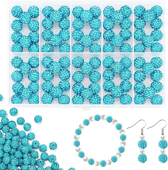 100Pcs 10mm Aquamarine Rhinestone Beads for Jewelry Making, Shiny Round Disco Ball Sparkly Beads Bulk with 10-Grid Storage Box for DIY Baseball Necklaces Shamballa Bracelets