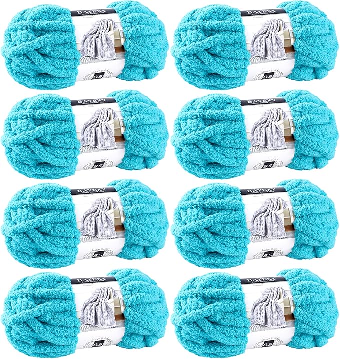Chunky Chenille Yarn for Hand Knitting 8 Jumbo Pack Jumbo Chunky Yarn for Hand Soft Blanket Knitting, Bulky Thick Fluffy Yarn for Crocheting (Lake Blue)