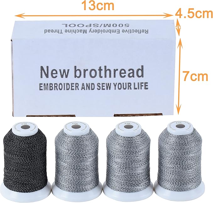New brothread 4 Spools Reflective Embroidery Machine Thread (3 White +1 Black) 30WT 500M(550Y) Each Spool for Embroidery, Quilting and Sewing