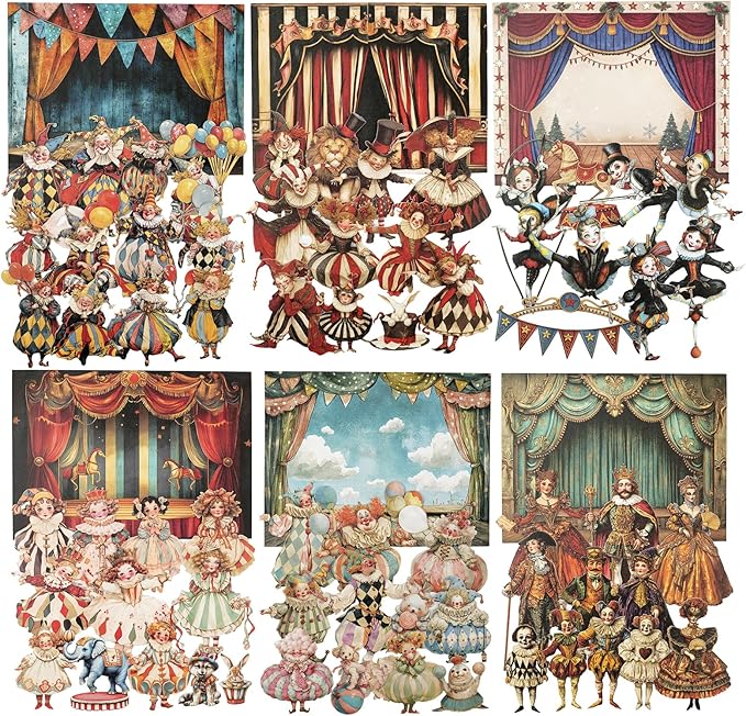 Vintage Carnival Circus Sticker Set – 90pcs Laser-Cut Interactive Stage Cards with Retro Clown Ephemera for Scrapbook Journal Junk Journal & DIY Collage Decor