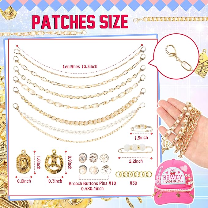 Meneng Cowgirl Hat Accessories Kit: 36PCS Western Trucket Hat Chains Bill Decoration for Women - Bling Metal Detachable Chains Bulk for Mesh Baseball Cap