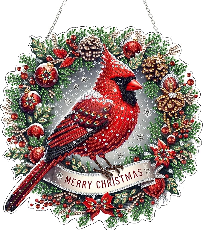 JJFox Diamond Art Hanging Kit for Adult,Special Shaped Rhinestone,DIY Acrylic 5D Diamond Art Painting Window Pendants Home Garden Wall Hanging Kits Hanging Ornament,Double Sided. (Christmas Cardinal)