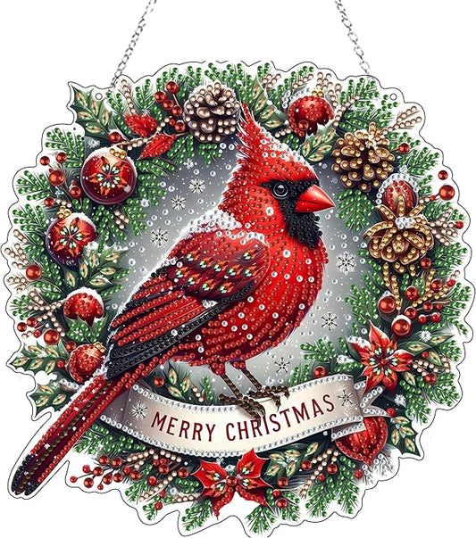 JJFox Diamond Art Hanging Kit for Adult,Special Shaped Rhinestone,DIY Acrylic 5D Diamond Art Painting Window Pendants Home Garden Wall Hanging Kits Hanging Ornament,Double Sided. (Christmas Cardinal)