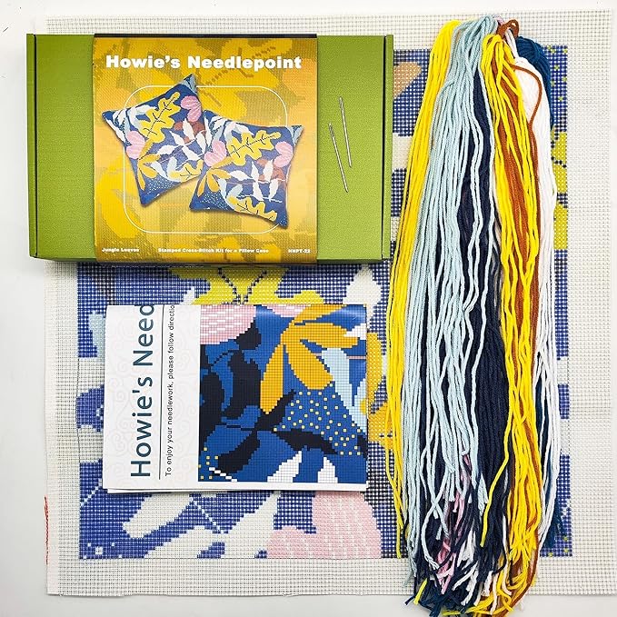 Howie's Needlepoint Needlepoint Kits for Adults, Pillow Front Cross Stitch Kit with Embroidery Pattern on Canvas, Yarn, 2 Needles and Instruction, 16 x 16inch(Jungle Leaves)