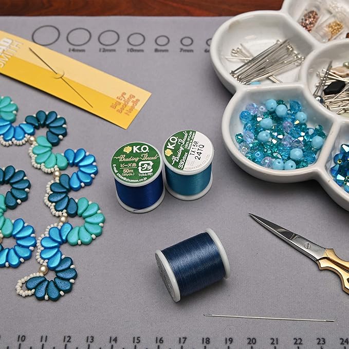 KO Nylon Beading Thread, Denim Blue Color, Japanese Pre-Waxed 100% Nylon, 330TEX, Tangle Resistant Knotting Cords, 50m /55 yds Spool, Use for Seed Bead Projects, Loom Work & Bead Weaving
