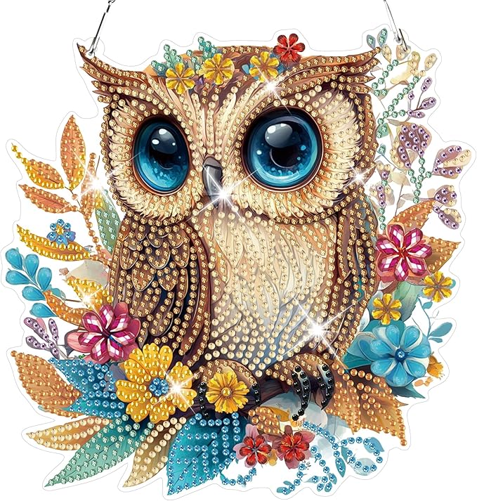 HEIBAGO Owl Hanging Diamond Art Kits for Adults, Fall Special Shaped Crystal Diamond Painting Ornament Kit, DIY Double-Sided Pattern Window Pendant Gem Art Kit for Home Wall Decor 8.3x8.3inch