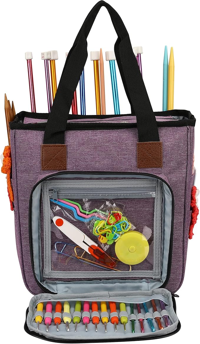 LOOEN Yarn Knitting Storage Tote-Large Capacity Crochet Organizer Portable Travel Bag with Shoulder Strap Crochet Hooks Case for Unfinished Bulk Project Purple