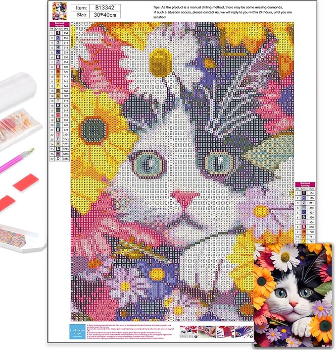 Axquilon Flower Cat Diamond Painting Kits, Full Drill Round DIY Diamond Art Kits, Paint by Diamonds Rhinestone Gem Art Craft for Home Wall Decor 12X16 inch