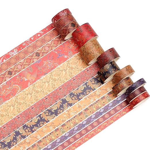 12 Rolls Chinoiserie Washi Tape Set Chinese Arts Adhesive Tapes Geometric Garden Decorative Masking Tape Sets for Craft, Kids, Scrapbook, DIY, Gift Wrapping (Prelude to a Night)