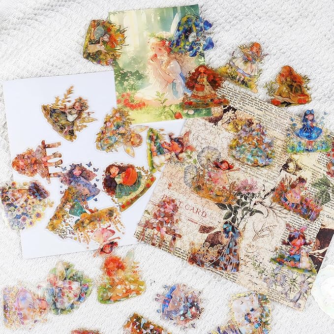 60Pcs Kawaii Girls Stickers for Journaling - Cute Sweet Cartoon Transparent Collage Scrapbooking Supplies Sticker Decal for Junk Journal Cards DIY Arts Crafts