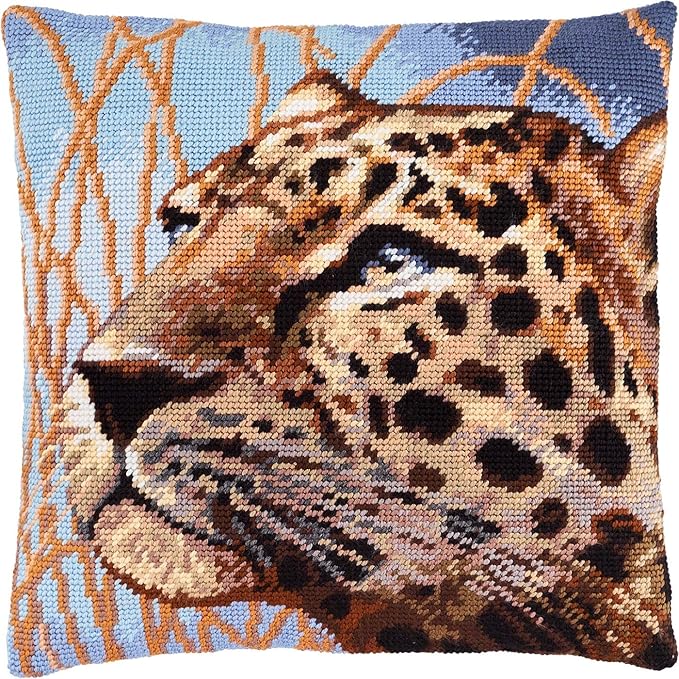 Brvsk Ferine Stamped Cross-Stitch Kit for Adults and Beginners — Leopard 16″ × 16″ with Clear, Precise Printed Design on Cotton Canvas; Includes 2 Needles, Yarn, and Easy-Read Chart