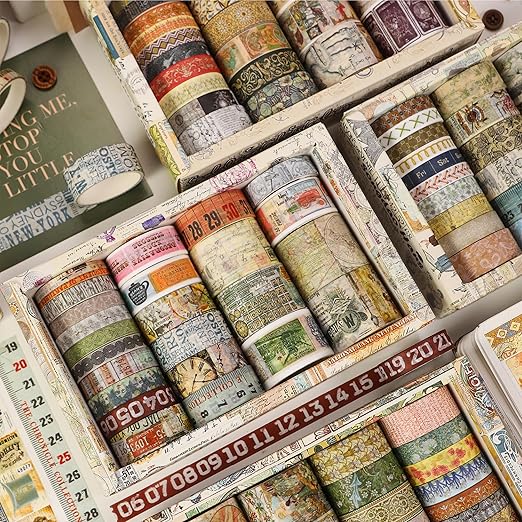 Vintage Washi Tape Set - 24 Rolls Arts Adhesive Tapes Assorted Retro Decorative Masking Tape Sets for Craft, Kids, Scrapbook, DIY, Gift Wrapping (1-Renaissance Dreams)