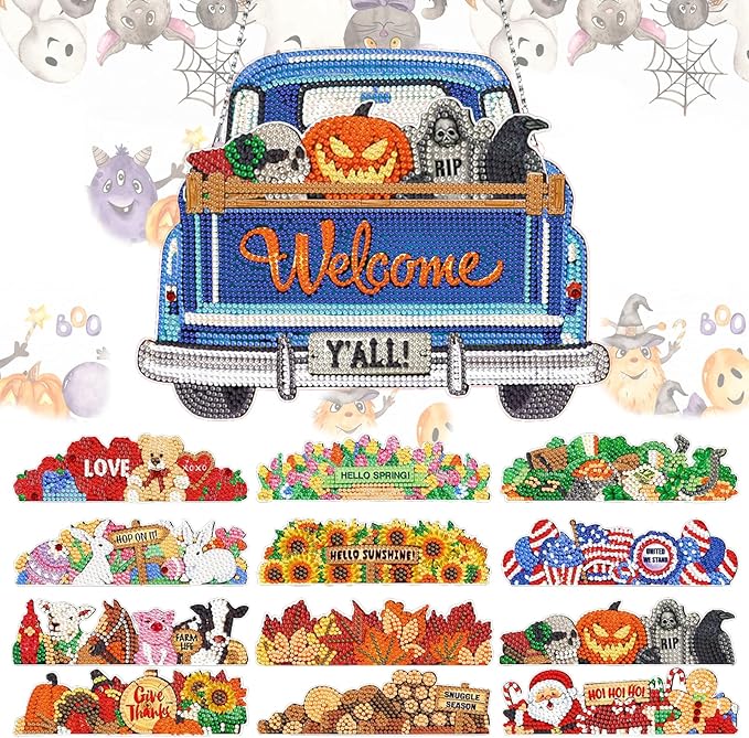 APCGSM 13PCS Interchangeable Diamond Painting Welcome Sign for Front Door Holiday Decor Blue Truck Hanging Sign Interchangeable Seasonal Decor for Wall Home Farmhouse DIY Diamond Art Kits for Adults
