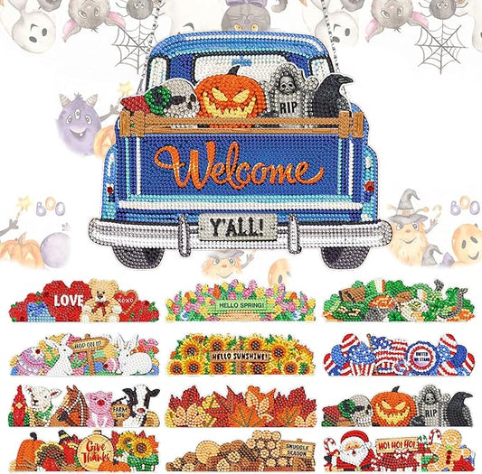 APCGSM 13PCS Interchangeable Diamond Painting Welcome Sign for Front Door Holiday Decor Blue Truck Hanging Sign Interchangeable Seasonal Decor for Wall Home Farmhouse DIY Diamond Art Kits for Adults