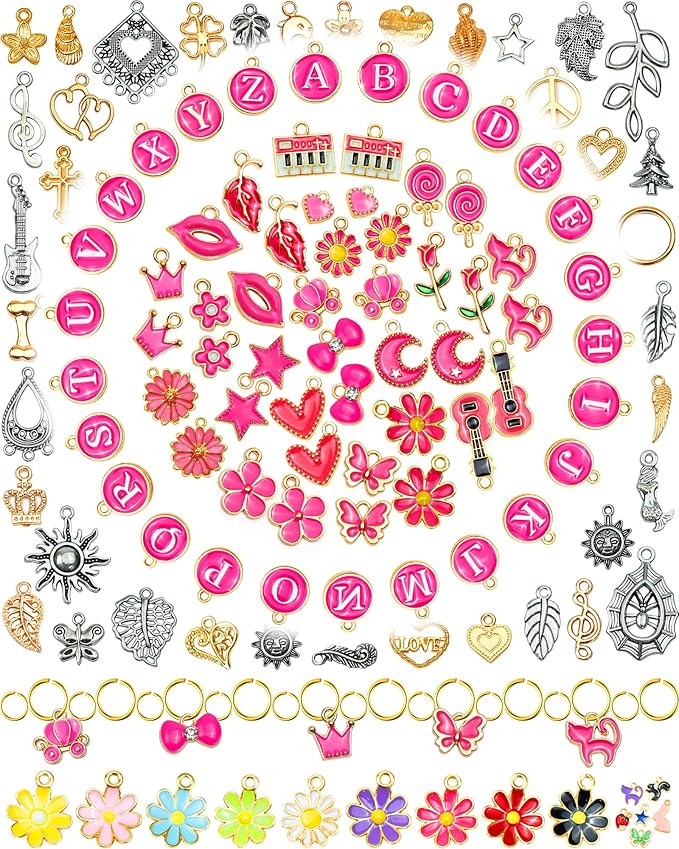 FIVEIZERO 216PCS Bracelet Charms for Jewelry Making – Assorted Gold & Silver Metal Enamel Pendants with Jump Rings for Necklaces, Earrings & DIY Jewelry Crafts(Dark Pink)