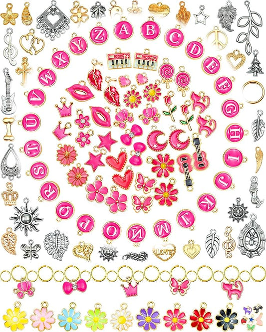FIVEIZERO 216PCS Bracelet Charms for Jewelry Making – Assorted Gold & Silver Metal Enamel Pendants with Jump Rings for Necklaces, Earrings & DIY Jewelry Crafts(Dark Pink)