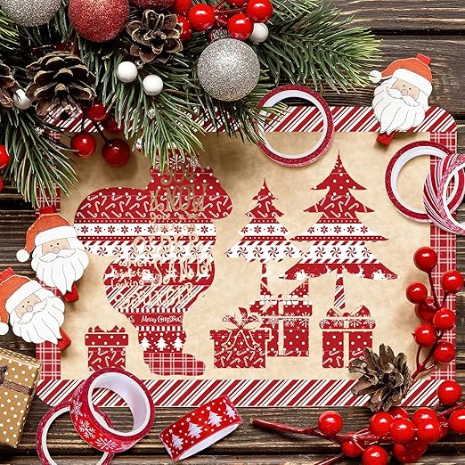 Whaline 12 Rolls Christmas Washi Tapes Red White Decorative Tape Assorted Xmas Patterns Holiday Masking Tapes for Christmas Scrapbook Journal Calendar DIY Craft Gift Wrapping, 16.4ft x 0.6