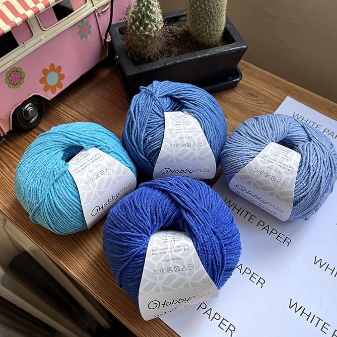 Cotton Yarn Kit - 4 Multicolor Balls Soft Sport Weight Yarn for Crochet & Amigurumi - 50g / 175yds Each & 10 Stitch Markers (H09 - Ocean/Blue)