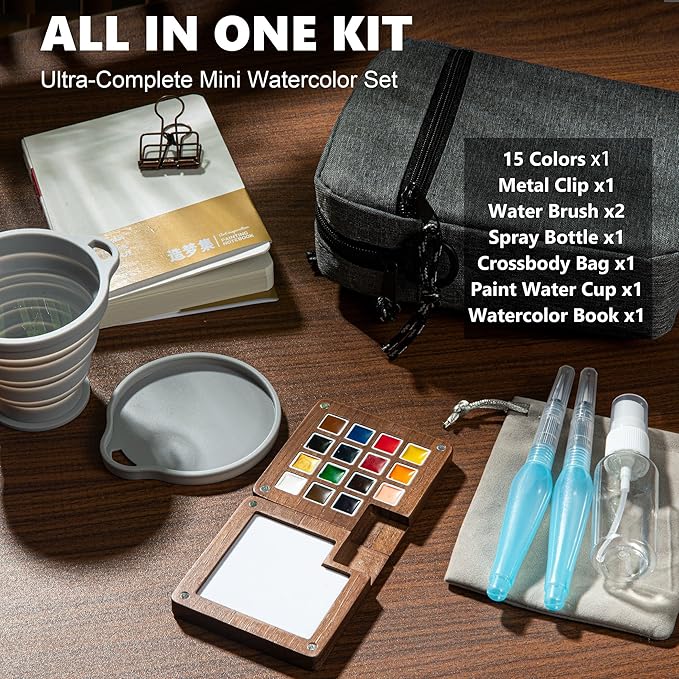 Mini Paint Palette Travel Kit - 15-Colors Pocket Artist Water Color Travel Set with Crossbody Bag, Watercolor Journal, Metal Clip, Paint Water Cup, Water Brush, Wooden Paint Box for Painters Artists