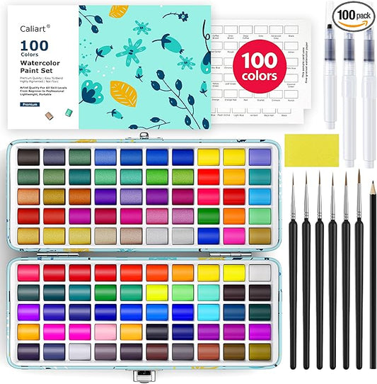 Caliart 100 Colors Watercolor Paint Set, Portable Travel Water Color Palette Kit with Detail Paint Brush, Art Supplies for Painting Coloring, Drawing Gifts for Adults Professional Artists