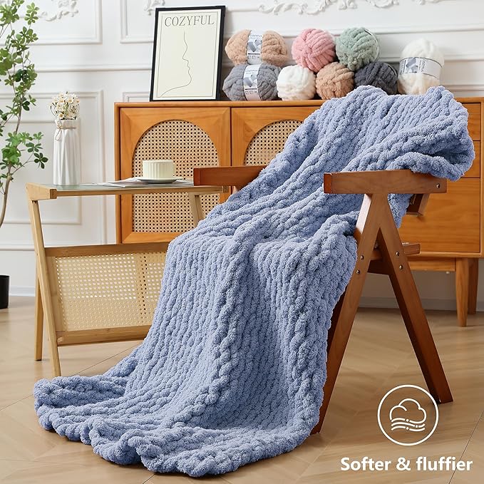 Chunky Yarn for Hand Knitting - #10 Chunky Chenille Yarn, Jumbo Big Thick Chunky Yarns for Crocheting, Super Bulky Chunky Knit Blanket Yarns, 8 Skein (25 yds 8 oz Each Skein), Blue Gray