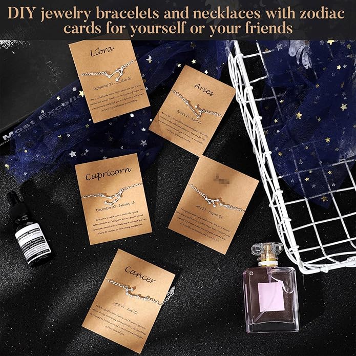 Hicarer 48 Pcs Zodiac Charms Bulk for Jewelry Necklace Bracelet Making, 4 Styles Symbol Name Diamond Alloy Zodiac Pendants Horoscope Sign with Cards