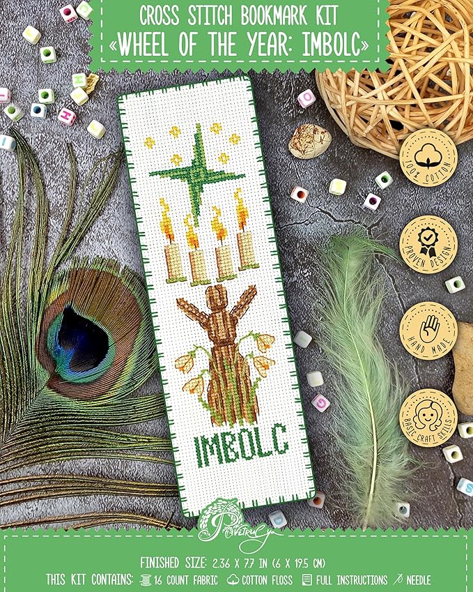 Povitrulya Cross Stitch Bookmark Kit “Imbolc“ – Counted DIY Embroidery Set for Adults & Beginners, Saint Brigid Pagan Irish Gaelic Druid Witchy Spring Craft Gift