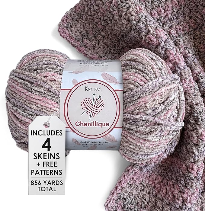 Chenillique Velvet Chenille Yarn for Crocheting, 4-Pack (856Yds / 400G), Free Patterns, Beginners Friendly - Soft Baby Yarn for Knitting Baby Blanket - #4 Medium Worsted Weight - Enchanted Berry