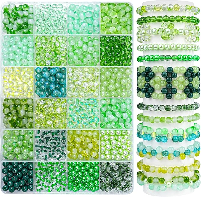 1200PCS Green Glass Beads for Bracelets, 24 Colors 6mm Crystal Beads Bracelets Making Kit and Jewelry Making, Round Green Nature Series Beads for Friendship Bracelets Earring Necklace DIY Crafts
