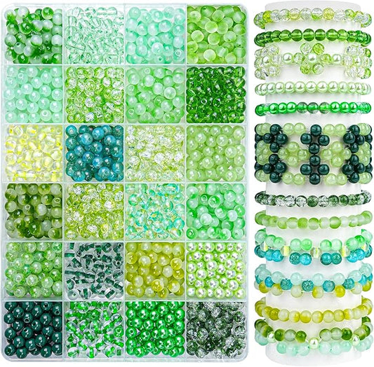 1200PCS Green Glass Beads for Bracelets, 24 Colors 6mm Crystal Beads Bracelets Making Kit and Jewelry Making, Round Green Nature Series Beads for Friendship Bracelets Earring Necklace DIY Crafts