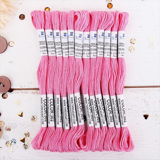12 Skeins ThreadArt Premium Egyptian Long Fiber Cotton Embroidery Floss | Pink | 6 Strand Divisible Thread 8.75yds Each for Hand Embroidery, Friendship Bracelets, Cross Stitch and Crafts