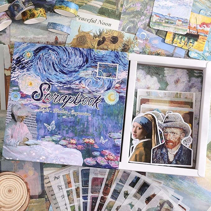 Scrapbooking Supplies Kit, Monet Van Gogh Oil Painting Theme Scrapbook Kit for Bullet Junk Journal, 12 Rolls Washi Tape, Stickers Papers for DIY Journaling Supplies, Craft Gift for Women Teenage