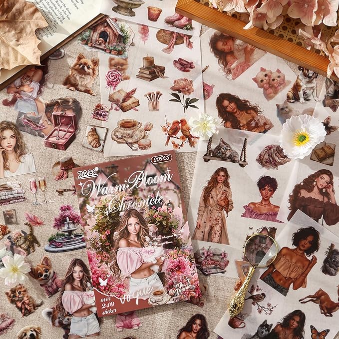 Stickers for Journaling, 20 Sheets Pets Dogs Cats Junk Journal Sticker, PET Washi Materials Scrapbooking Supplies for Adults, Animal Transparent Decorative Art Crafts
