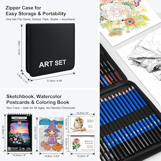 KALOUR 140 Drawing Set Sketching Kit,Art Supplies with 3-color Sketchbook & Coloring Paper,Include Tutorial, Colored, Graphite, Charcoal, Watercolor & Metallic Pencil,for Artists Adults Teens Beginner