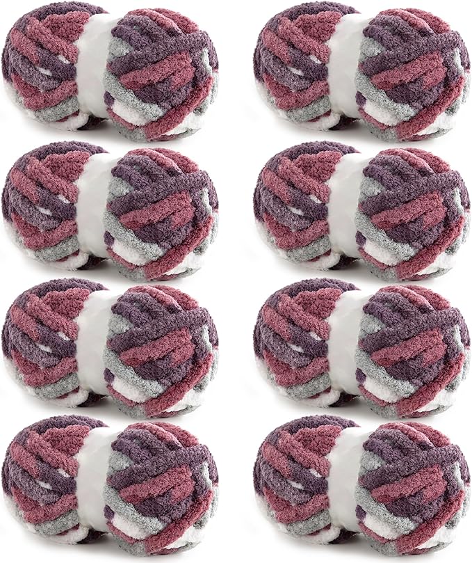 HOMBYS Chunky Tie Dye Mix Chenille Yarn for Hand Knitting, Super Bulky Jumbo Yarn for Crocheting, 3/4" Thick Soft Plush Yarn for Blankets, 8 Skein Pack (26 yds / 7.5 oz Each) Red Purple