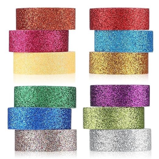 Vin Beauty Glitter Washi Tape Set 12 Rolls Colored Decorative Tape Set, Sparkle Metallic Washi Tapes Adhesive Washintape for Art, Scrapbook DIY Craft Projects Gift Wrapping Decor & Crafts