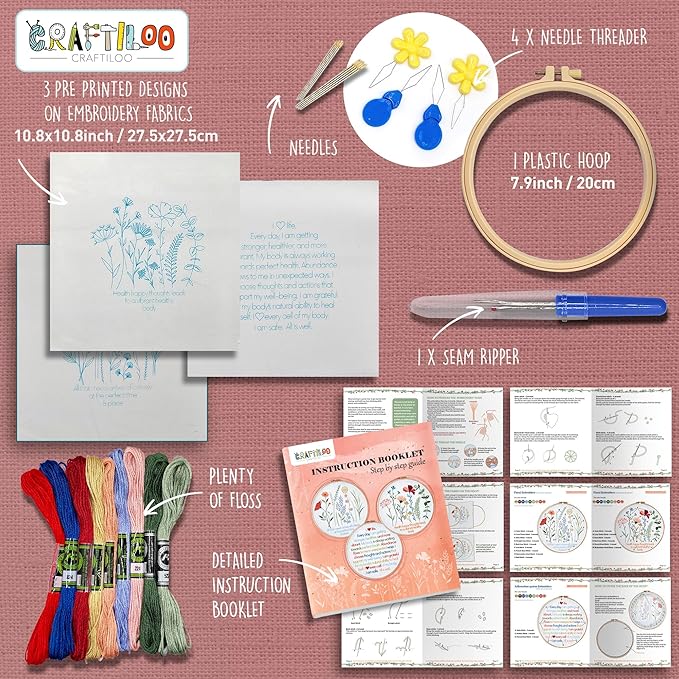 CRAFTILOO Embroidery Kits for Adults Hand Embroidery kit for Beginners with Stamped Embroidery Patterns Starter Embroidery Kit. Needlepoint kit Cross Stitch kit for Teens& Adults Flowers