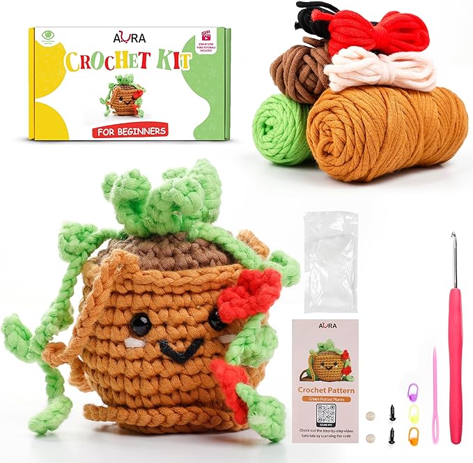 A-URA Learn to Crochet Kit for Beginners Kids and Adults, Premium Pattern Hanging Pot Plant Beginner Crochet Kits with Easy Tube Yarn & Step-by-Step Video Tutorials