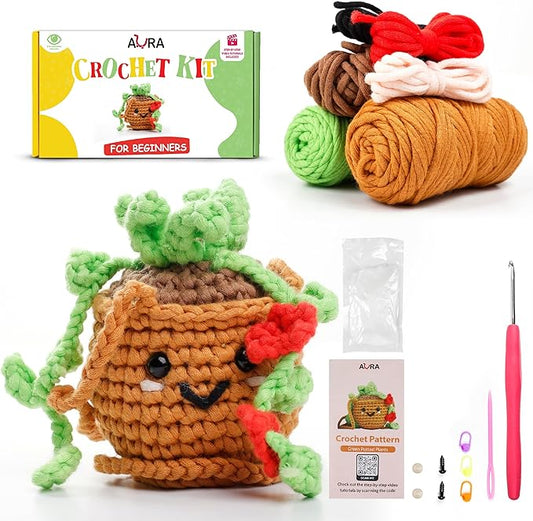 A-URA Learn to Crochet Kit for Beginners Kids and Adults, Premium Pattern Hanging Pot Plant Beginner Crochet Kits with Easy Tube Yarn & Step-by-Step Video Tutorials