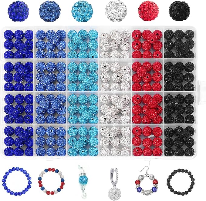 240pcs 10mm Rhinestone Beads for Crafting, Sparkle Clay Beads Crystal Disco Ball for DIY Jewelry Making Bracelet Necklace Earring and Independence Day Decorations Clay Rhinestone Red and Blue Series