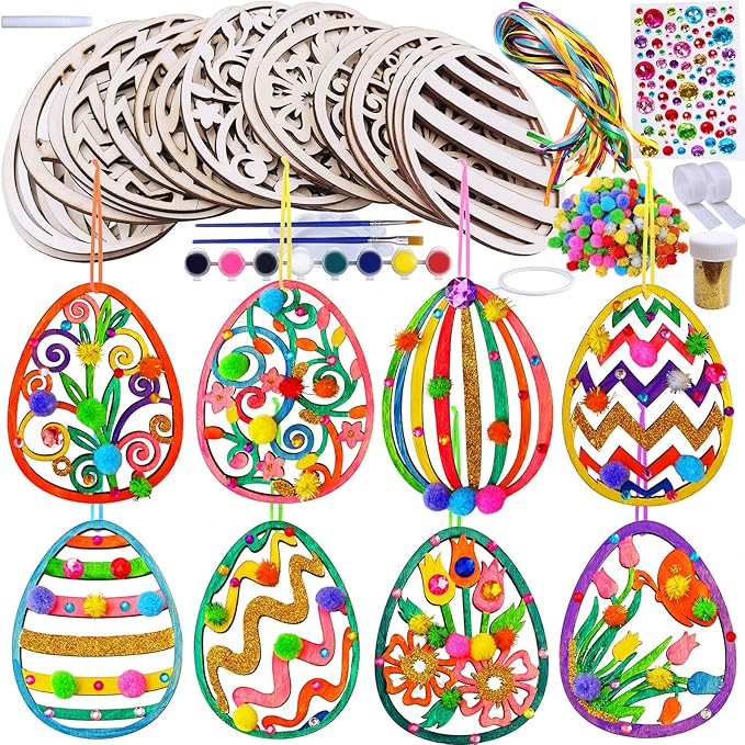 32 Sets Wooden Easter Ornaments Decorations DIY Easter Craft Kits Assorted Paintable Unfinished Wood Laser Cut Easter Egg Ornaments Pom-poms for Kids Easter Spring Classroom Home Activity Art Project