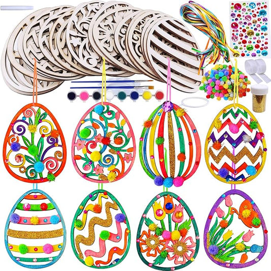 32 Sets Wooden Easter Ornaments Decorations DIY Easter Craft Kits Assorted Paintable Unfinished Wood Laser Cut Easter Egg Ornaments Pom-poms for Kids Easter Spring Classroom Home Activity Art Project