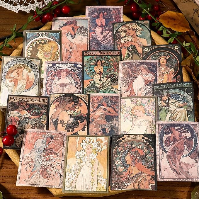 CATaireen Vintage Junk-Journal Mixed Paper Scrapbooking Embellishments Set Retro Journaling Decoupage Stickers Textured Packaging Decorative Cards Tags Kit (Old Lady)